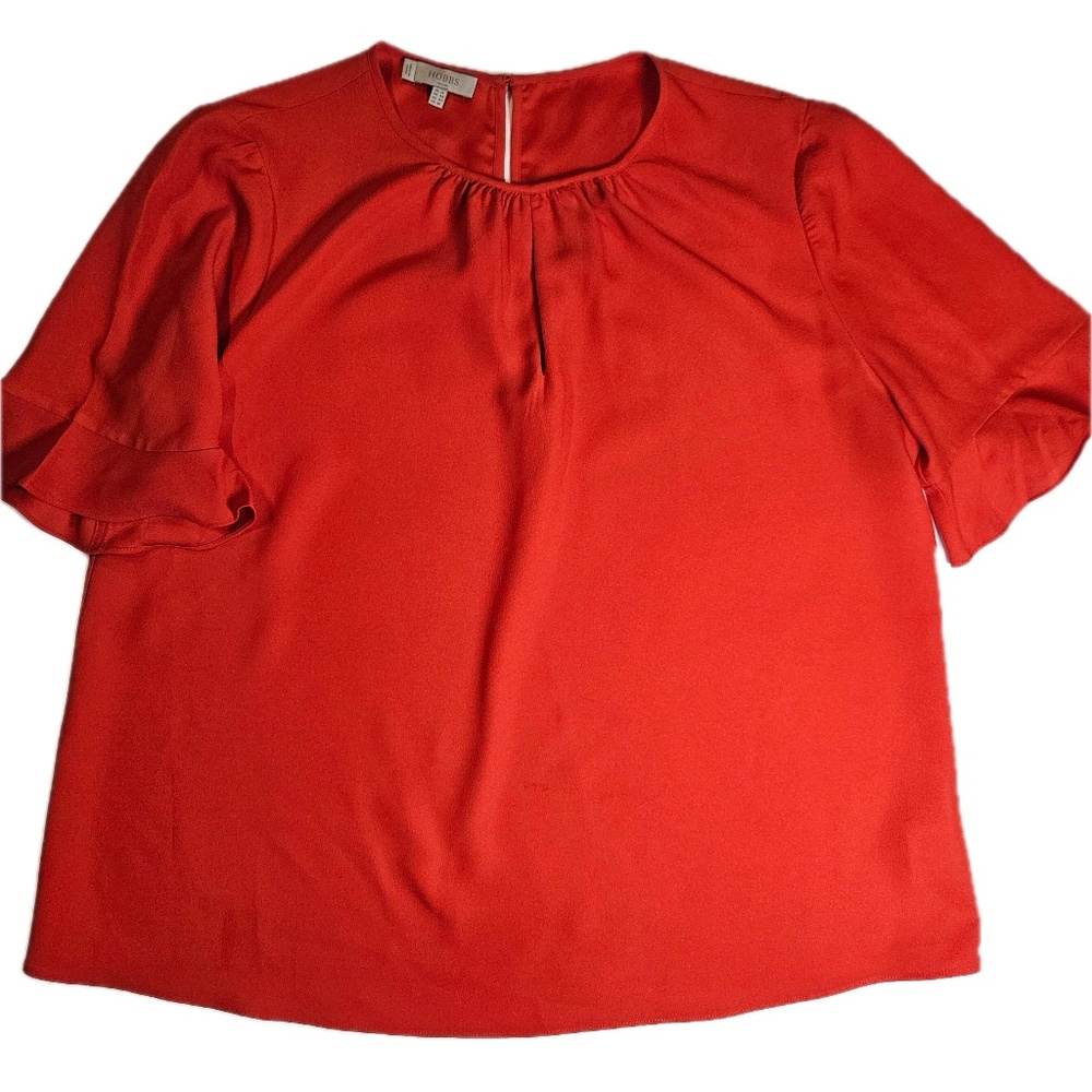 Hobbs London Shirt Womens 10 Red Wells Blouse Short Sleeve Ruffle Keyhole‎ Pleat